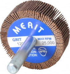 Merit Abrasives - 1-1/2" Diam x 1/2" Face Width, Fine Ceramic Alumina Coated Mounted Flap Wheel - 1/4" Shank Mount, 120 Grit, Cloth Backing, 25,000 Max RPM - Americas Industrial Supply