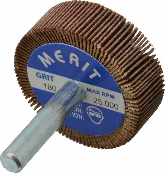 Merit Abrasives - 1-1/2" Diam x 1/2" Face Width, Very Fine Ceramic Alumina Coated Mounted Flap Wheel - 1/4" Shank Mount, 180 Grit, Cloth Backing, 25,000 Max RPM - Americas Industrial Supply