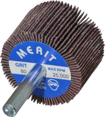 Merit Abrasives - 1-1/2" Diam x 1" Face Width, Medium Ceramic Alumina Coated Mounted Flap Wheel - 1/4" Shank Mount, 80 Grit, Cloth Backing, 25,000 Max RPM - Americas Industrial Supply
