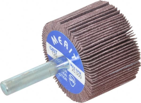 Merit Abrasives - 1-1/2" Diam x 1" Face Width, Fine Ceramic Alumina Coated Mounted Flap Wheel - 1/4" Shank Mount, 120 Grit, Cloth Backing, 25,000 Max RPM - Americas Industrial Supply