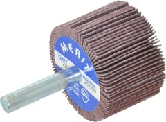 Merit Abrasives - 1-1/2" Diam x 1" Face Width, Fine Ceramic Alumina Coated Mounted Flap Wheel - 1/4" Shank Mount, 120 Grit, Cloth Backing, 25,000 Max RPM - Americas Industrial Supply