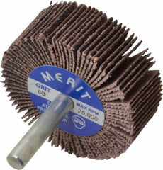 Merit Abrasives - 2" Diam x 3/4" Face Width, Medium Ceramic Alumina Coated Mounted Flap Wheel - 1/4" Shank Mount, 60 Grit, Cloth Backing, 25,000 Max RPM - Americas Industrial Supply