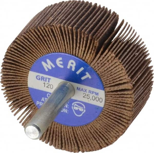 Merit Abrasives - 2" Diam x 3/4" Face Width, Fine Ceramic Alumina Coated Mounted Flap Wheel - 1/4" Shank Mount, 120 Grit, Cloth Backing, 25,000 Max RPM - Americas Industrial Supply