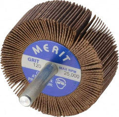 Merit Abrasives - 2" Diam x 3/4" Face Width, Fine Ceramic Alumina Coated Mounted Flap Wheel - 1/4" Shank Mount, 120 Grit, Cloth Backing, 25,000 Max RPM - Americas Industrial Supply