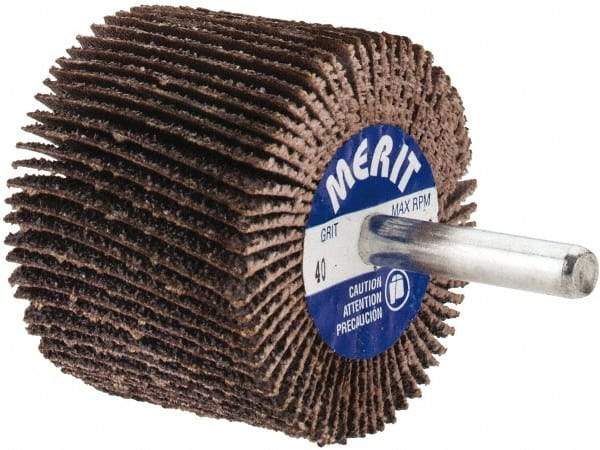 Merit Abrasives - 2" Diam x 1-1/2" Face Width, Coarse Aluminum Oxide Coated Mounted Flap Wheel - 1/4" Shank Mount, 40 Grit, Cloth Backing, 25,000 Max RPM - Americas Industrial Supply