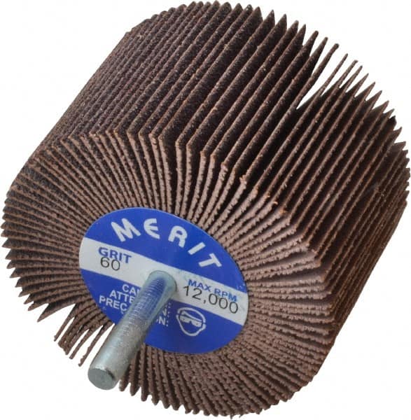Merit Abrasives - 3" Diam x 2" Face Width, Medium Ceramic Alumina Coated Mounted Flap Wheel - 1/4" Shank Mount, 60 Grit, Cloth Backing, 20,000 Max RPM - Americas Industrial Supply
