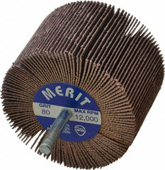 Merit Abrasives - 3" Diam x 2" Face Width, Medium Ceramic Alumina Coated Mounted Flap Wheel - 1/4" Shank Mount, 80 Grit, Cloth Backing, 20,000 Max RPM - Americas Industrial Supply