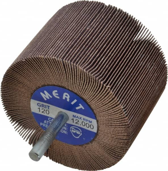 Merit Abrasives - 3" Diam x 2" Face Width, Fine Ceramic Alumina Coated Mounted Flap Wheel - 1/4" Shank Mount, 120 Grit, Cloth Backing, 20,000 Max RPM - Americas Industrial Supply
