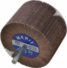 Merit Abrasives - 3" Diam x 2" Face Width, Fine Ceramic Alumina Coated Mounted Flap Wheel - 1/4" Shank Mount, 120 Grit, Cloth Backing, 20,000 Max RPM - Americas Industrial Supply