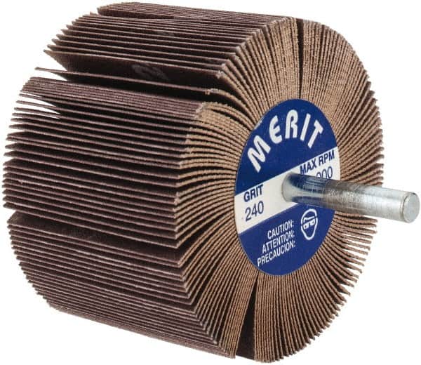 Merit Abrasives - 3" Diam x 2" Face Width, Very Fine Ceramic Alumina Coated Mounted Flap Wheel - 1/4" Shank Mount, 240 Grit, 20,000 Max RPM - Americas Industrial Supply