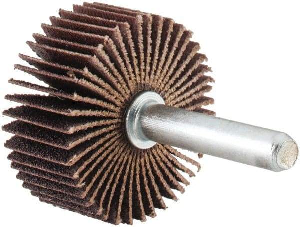 Merit Abrasives - 1-3/8" Diam x 5/8" Face Width, Fine Aluminum Oxide Coated Mounted Flap Wheel - 1/4" Shank Mount, 120 Grit, Cloth Backing, 30,000 Max RPM - Americas Industrial Supply