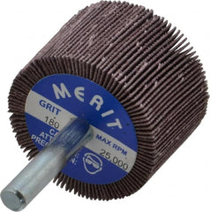 Merit Abrasives - 1-1/2" Diam x 1" Face Width, Very Fine Ceramic Alumina Coated Mounted Flap Wheel - 1/4" Shank Mount, 180 Grit, Cloth Backing, 25,000 Max RPM - Americas Industrial Supply
