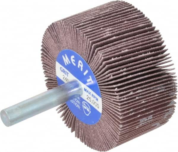 Merit Abrasives - 2" Diam x 1" Face Width, Very Fine Ceramic Alumina Coated Mounted Flap Wheel - 1/4" Shank Mount, 240 Grit, Cloth Backing, 25,000 Max RPM - Americas Industrial Supply
