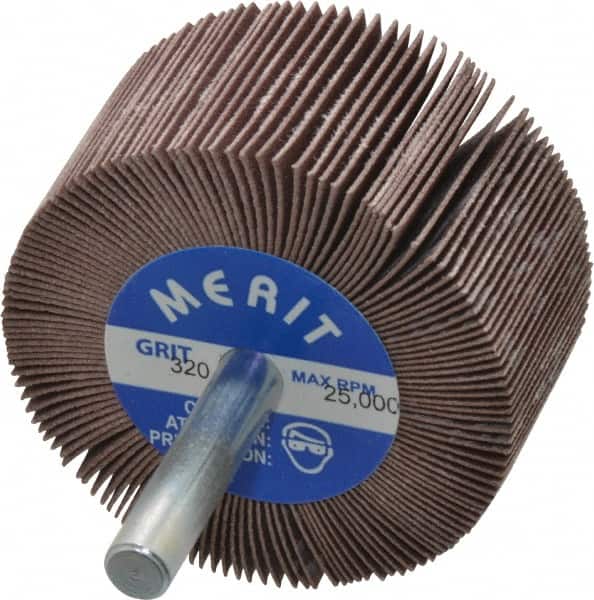 Merit Abrasives - 2" Diam x 1" Face Width, Extra Fine Ceramic Alumina Coated Mounted Flap Wheel - 1/4" Shank Mount, 320 Grit, Cloth Backing, 25,000 Max RPM - Americas Industrial Supply