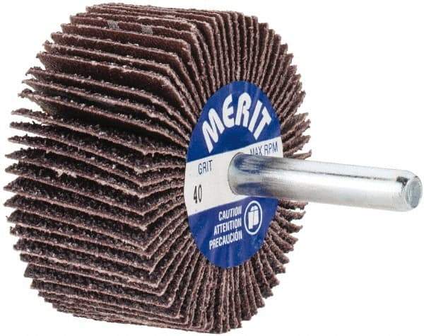 Merit Abrasives - 2" Diam x 1" Face Width, Coarse Aluminum Oxide Coated Mounted Flap Wheel - 1/4" Shank Mount, 40 Grit, Cloth Backing, 25,000 Max RPM - Americas Industrial Supply