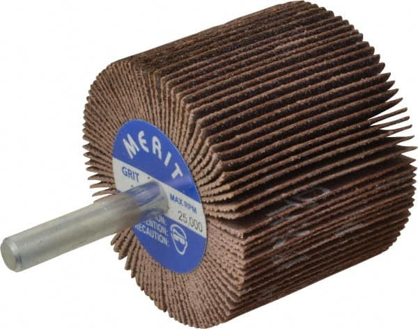 Merit Abrasives - 2" Diam x 1-1/2" Face Width, Medium Ceramic Alumina Coated Mounted Flap Wheel - 1/4" Shank Mount, 80 Grit, Cloth Backing, 25,000 Max RPM - Americas Industrial Supply
