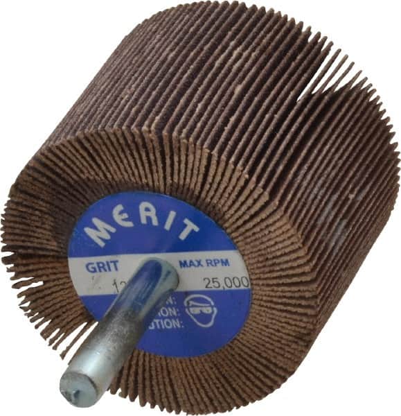 Merit Abrasives - 2" Diam x 1-1/2" Face Width, Fine Ceramic Alumina Coated Mounted Flap Wheel - 1/4" Shank Mount, 120 Grit, Cloth Backing, 25,000 Max RPM - Americas Industrial Supply
