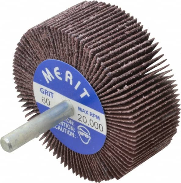 Merit Abrasives - 2-1/2" Diam x 1" Face Width, Medium Ceramic Alumina Coated Mounted Flap Wheel - 1/4" Shank Mount, 60 Grit, Cloth Backing, 20,000 Max RPM - Americas Industrial Supply