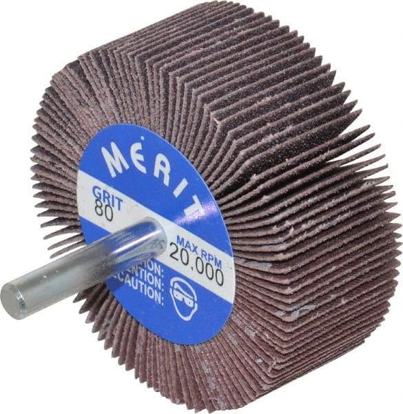Merit Abrasives - 2-1/2" Diam x 1" Face Width, Medium Ceramic Alumina Coated Mounted Flap Wheel - 1/4" Shank Mount, 80 Grit, Cloth Backing, 20,000 Max RPM - Americas Industrial Supply