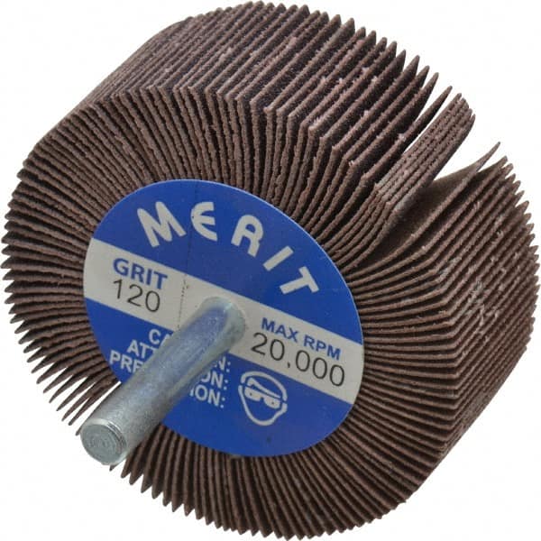 Merit Abrasives - 2-1/2" Diam x 1" Face Width, Fine Ceramic Alumina Coated Mounted Flap Wheel - 1/4" Shank Mount, 120 Grit, Cloth Backing, 20,000 Max RPM - Americas Industrial Supply