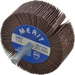 Merit Abrasives - 2-1/2" Diam x 1" Face Width, Fine Ceramic Alumina Coated Mounted Flap Wheel - 1/4" Shank Mount, 120 Grit, Cloth Backing, 20,000 Max RPM - Americas Industrial Supply