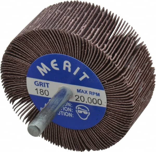 Merit Abrasives - 2-1/2" Diam x 1" Face Width, Very Fine Ceramic Alumina Coated Mounted Flap Wheel - 1/4" Shank Mount, 180 Grit, Cloth Backing, 20,000 Max RPM - Americas Industrial Supply