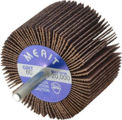 Merit Abrasives - 2-1/2" Diam x 1-1/2" Face Width, Medium Ceramic Alumina Coated Mounted Flap Wheel - 1/4" Shank Mount, 60 Grit, Cloth Backing, 20,000 Max RPM - Americas Industrial Supply