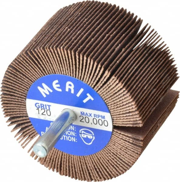 Merit Abrasives - 2-1/2" Diam x 1-1/2" Face Width, Fine Ceramic Alumina Coated Mounted Flap Wheel - 1/4" Shank Mount, 120 Grit, Cloth Backing, 20,000 Max RPM - Americas Industrial Supply