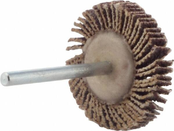 Merit Abrasives - 1-3/16" Diam x 3/16" Face Width, Medium Aluminum Oxide Coated Mounted Flap Wheel - 1/8" Shank Mount, 60 Grit, Cloth Backing, 30,000 Max RPM - Americas Industrial Supply