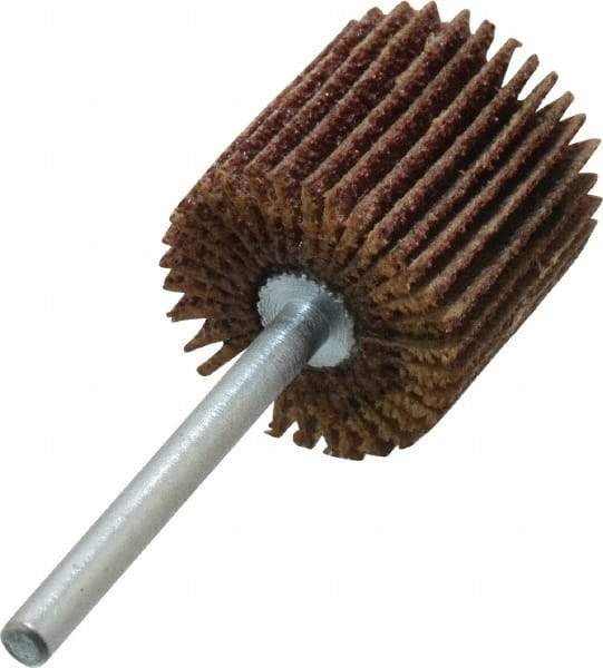 Merit Abrasives - 3/4" Diam x 3/4" Face Width, Medium Aluminum Oxide Coated Mounted Flap Wheel - 1/8" Shank Mount, 60 Grit, Cloth Backing, 35,000 Max RPM - Americas Industrial Supply
