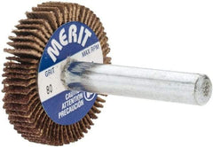 Merit Abrasives - 1-3/16" Diam x 1/4" Face Width, Medium Aluminum Oxide Coated Mounted Flap Wheel - 1/4" Shank Mount, 80 Grit, Cloth Backing, 25,000 Max RPM - Americas Industrial Supply