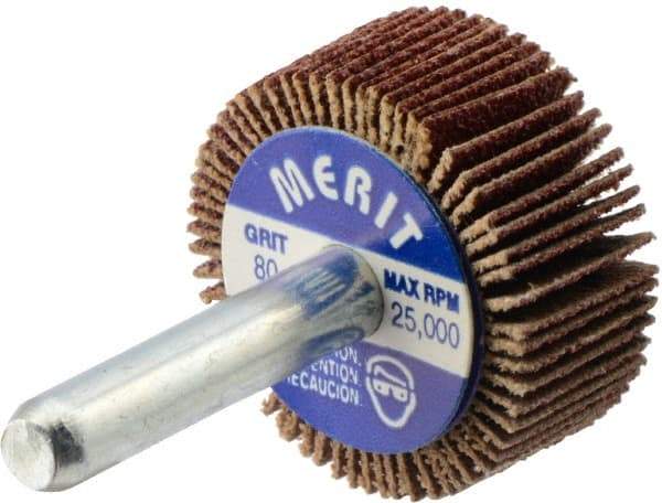 Merit Abrasives - 1-3/16" Diam x 1/2" Face Width, Medium Aluminum Oxide Coated Mounted Flap Wheel - 1/4" Shank Mount, 80 Grit, Cloth Backing, 25,000 Max RPM - Americas Industrial Supply