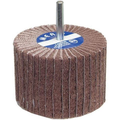 Merit Abrasives - 2" Diam x 1-1/2" Face Width, Fine Aluminum Oxide Nonwoven & Coated Mounted Flap Wheel - 1/4" Shank Mount, 120 Grit, Interleaf, X Weighted Cloth Backing, 12,000 Max RPM - Americas Industrial Supply