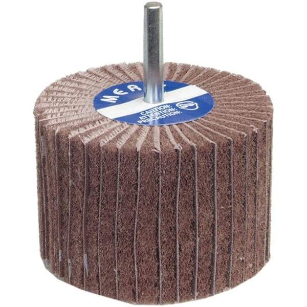 Merit Abrasives - 3" Diam x 1" Face Width, Medium Aluminum Oxide Nonwoven & Coated Mounted Flap Wheel - 1/4" Shank Mount, 60 Grit, Interleaf, X Weighted Cloth Backing, 12,000 Max RPM - Americas Industrial Supply