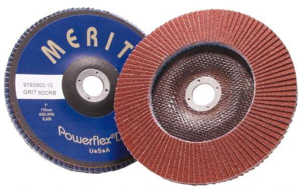 Merit Abrasives - 60 Grit, 4-1/2" Disc Diam, 7/8" Center Hole, Type 27 Aluminum Oxide Flap Disc - 13,300 Max RPM, Fiberglass Backing, Arbor Attaching System, Coated - Americas Industrial Supply