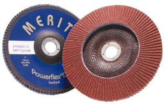 Merit Abrasives - 60 Grit, 4-1/2" Disc Diam, 7/8" Center Hole, Type 27 Aluminum Oxide Flap Disc - 13,300 Max RPM, Fiberglass Backing, Arbor Attaching System, Coated - Americas Industrial Supply