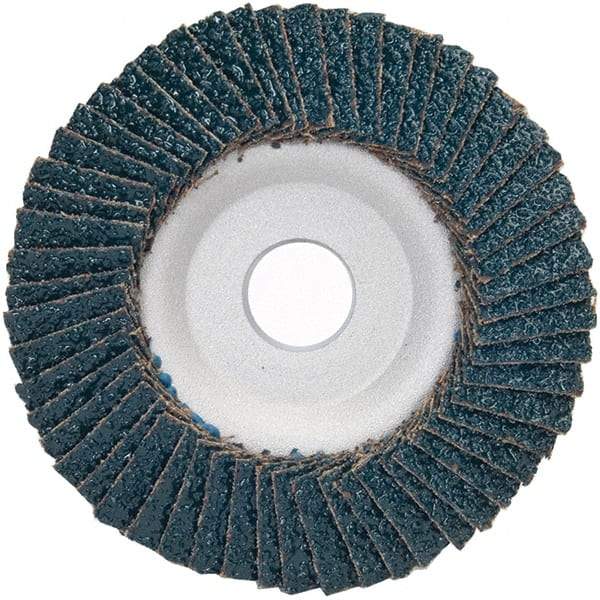 Merit Abrasives - 36 Grit, 4-1/2" Disc Diam, 7/8" Center Hole, Type 29 Zirconia Alumina Flap Disc - 13,300 Max RPM, Aluminum Backing, Arbor Attaching System, Coated - Americas Industrial Supply