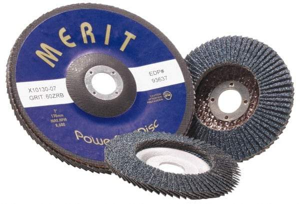 Merit Abrasives - 120 Grit, 5" Disc Diam, 7/8" Center Hole, Type 29 Zirconia Alumina Flap Disc - 12,000 Max RPM, Fiberglass Backing, Arbor Attaching System, Coated - Americas Industrial Supply