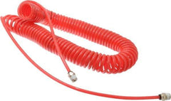 PRO-SOURCE - 0.16 ID, 1/4 Thread, 30' Long, Red Polyurethane Coiled & Self Storing Hose - 125 Max psi, Male Swivel x Male Swivel - Americas Industrial Supply