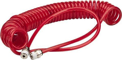 PRO-SOURCE - 0.16 ID, 1/4 Thread, 15' Long, Red Polyurethane Coiled & Self Storing Hose - 125 Max psi, Male Swivel x Male Swivel - Americas Industrial Supply