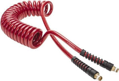PRO-SOURCE - 3/8" ID, 1/4 Thread, 15' Long, Red Polyurethane Coiled & Self Storing Hose - 200 Max psi, Male Swivel x Male Swivel - Americas Industrial Supply