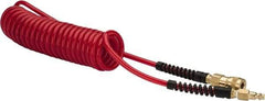 PRO-SOURCE - 1/4" ID, 1/4 Thread, 15' Long, Red Polyurethane Coiled & Self Storing Hose - Male Swivel x Male Swivel - Americas Industrial Supply