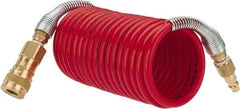 PRO-SOURCE - 1/4" ID, 1/4 Thread, 12' Long, Red Nylon Coiled & Self Storing Hose - 240 Max psi, Industrial Interchange Coupler x Plug - Americas Industrial Supply