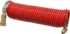 PRO-SOURCE - 1/4" ID, 1/4 Thread, 25' Long, Red Nylon Coiled & Self Storing Hose - 240 Max psi, Industrial Interchange Coupler x Plug - Americas Industrial Supply