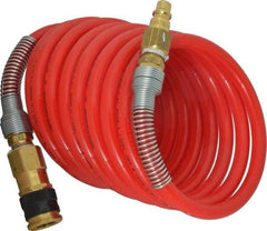 PRO-SOURCE - 3/8" ID, 3/8 Thread, 12' Long, Red Nylon Coiled & Self Storing Hose - 225 Max psi, Industrial Interchange Coupler x Plug - Americas Industrial Supply