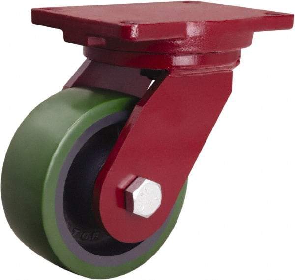 Hamilton - 6" Diam x 2-1/2" Wide x 8-1/2" OAH Top Plate Mount Swivel Caster - Polyurethane Mold onto Cast Iron Center, 1,600 Lb Capacity, Tapered Roller Bearing, 6-1/8 x 7-1/2" Plate - Americas Industrial Supply