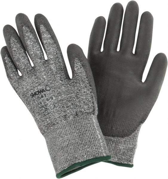 SHOWA - Size S (6), ANSI Cut Lvl 2, Puncture Lvl 2, Abrasion Lvl 6, Polyurethane Coated Cut Resistant Gloves - 9.5" Long, Palm & Fingers Coated, HPPE Lining, Knit Wrist, Gray/Gray, Paired - Americas Industrial Supply