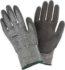 SHOWA - Size S (6), ANSI Cut Lvl 2, Puncture Lvl 2, Abrasion Lvl 6, Polyurethane Coated Cut Resistant Gloves - 9.5" Long, Palm & Fingers Coated, HPPE Lining, Knit Wrist, Gray/Gray, Paired - Americas Industrial Supply