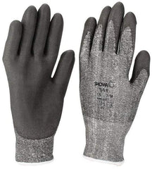 SHOWA - Size L (10), ANSI Cut Lvl 2, Puncture Lvl 2, Abrasion Lvl 6, Polyurethane Coated Cut Resistant Gloves - 9.5" Long, Palm & Fingers Coated, HPPE Lining, Knit Wrist, Gray/Gray, Paired - Americas Industrial Supply