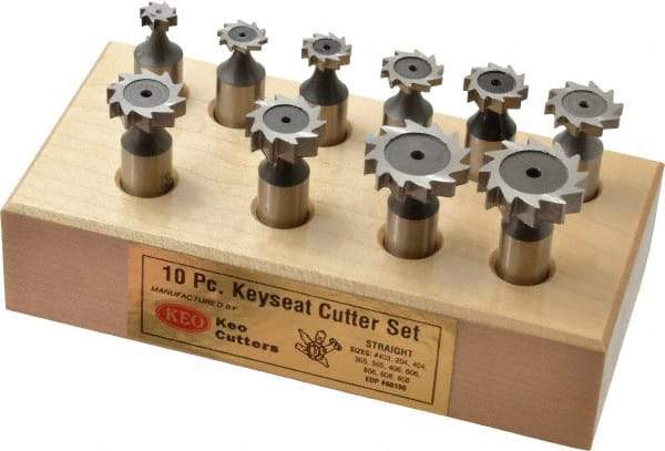 Keo - 3/8 to 1" Cutting Diam, Straight Tooth Configuration, Woodruff and Keyseat Cutter Set - 204 to 808 ANSI, High Speed Steel, 10 Pieces - Americas Industrial Supply